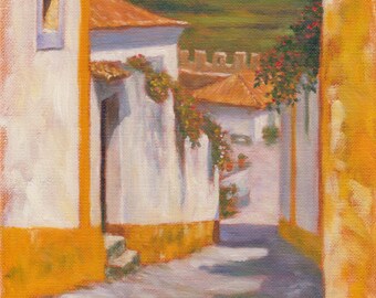 Obidos, Village in Portugal. Art Print from Original Oil Painting by Pat Kelley. Travel Art, Landscape, Cottage Decor, Impressionist Art