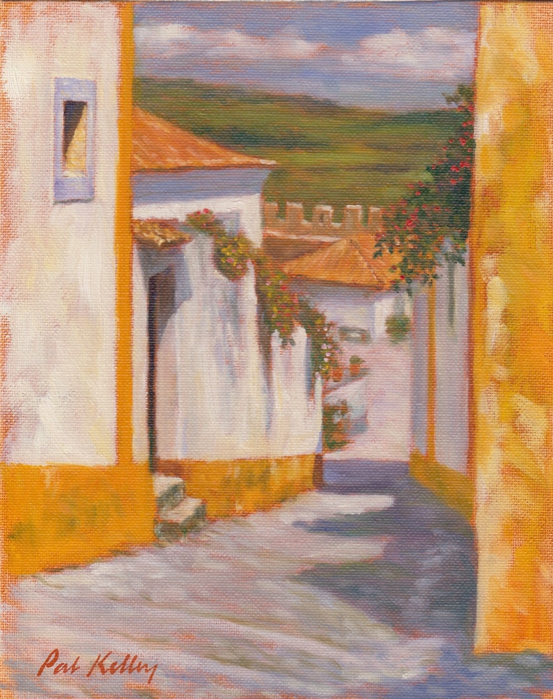 Obidos, Village in Portugal. Art Print from Original Oil Painting by Pat Kelley. Travel Art, Landscape, Cottage Decor, Impressionist Art image 1