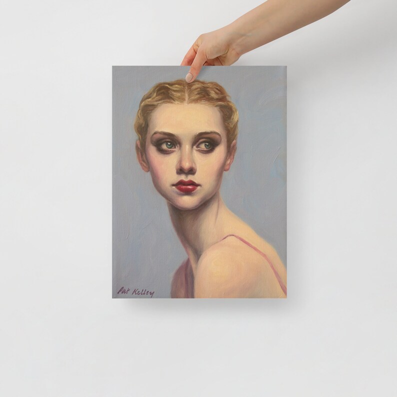 Ritratto di una ragazza con le dita, stampa artistica da olio originale di Pat Kelley. Flapper, bella donna, arte della moda, realismo contemporaneo immagine 4