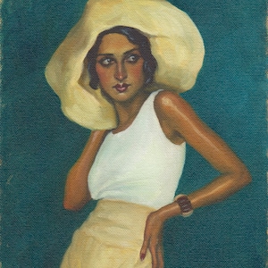 An oil painting of a beautiful woman from the early 1930s striking a coy pose. She is deeply tanned and stylish with short dark hair. She wears a large floppy straw hat, a white tank top and high waisted palazzo pants with teal blue background.