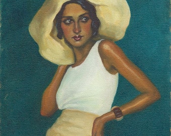 Portret van Renée Perle. Archiefkunstdruk van origineel olieverfschilderij van Pat Kelley. Vintagemode, flap, jaren 1920, vrouwelijk figuratief