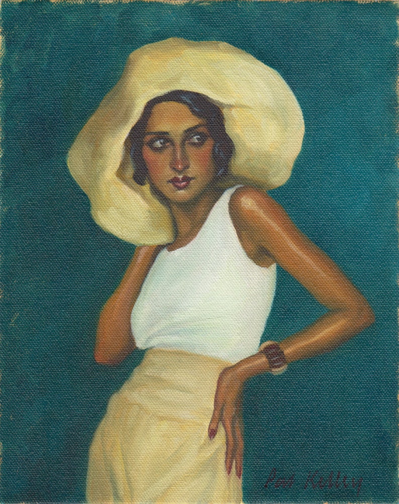 An oil painting of a beautiful woman from the early 1930s striking a coy pose. She is deeply tanned and stylish with short dark hair. She wears a large floppy straw hat, a white tank top and high waisted palazzo pants with teal blue background.