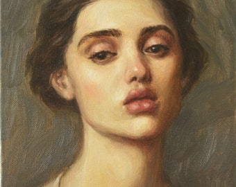 Archiefkunstafdruk van origineel olieverfschilderij van Pat Kelley. "Tristesse". Portret van een vrouw, modekunst, vintage look, beeldende kunst