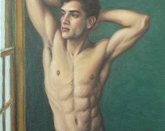 Grande reproduction de nu masculin à partir de la peinture à l'huile originale de Pat Kelley. Portrait contemporain d'âge mûr d'un bel homme. 16 x 12