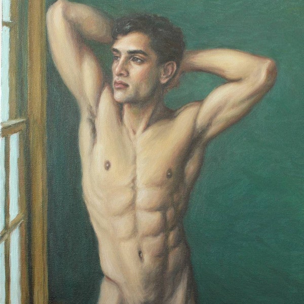 Male Nude Large Art Print from Original Oil Painting by Pat Kelley. Mature Contemporary Portrait of a Handsome Man. 16x12
