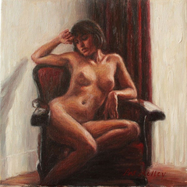 Nu sur une chaise rouge. Impression d'art d'archives à partir de la peinture à l'huile originale de Pat Kelley. Style vintage. Art figuratif féminin. Romantique, nostalgique