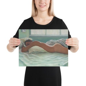 May include: A painting of a person sleeping in bed. The person is lying on their side with their head resting on a white pillow. The bed is covered in white sheets and a blue blanket. The painting is done in a realistic style and the colors are muted.