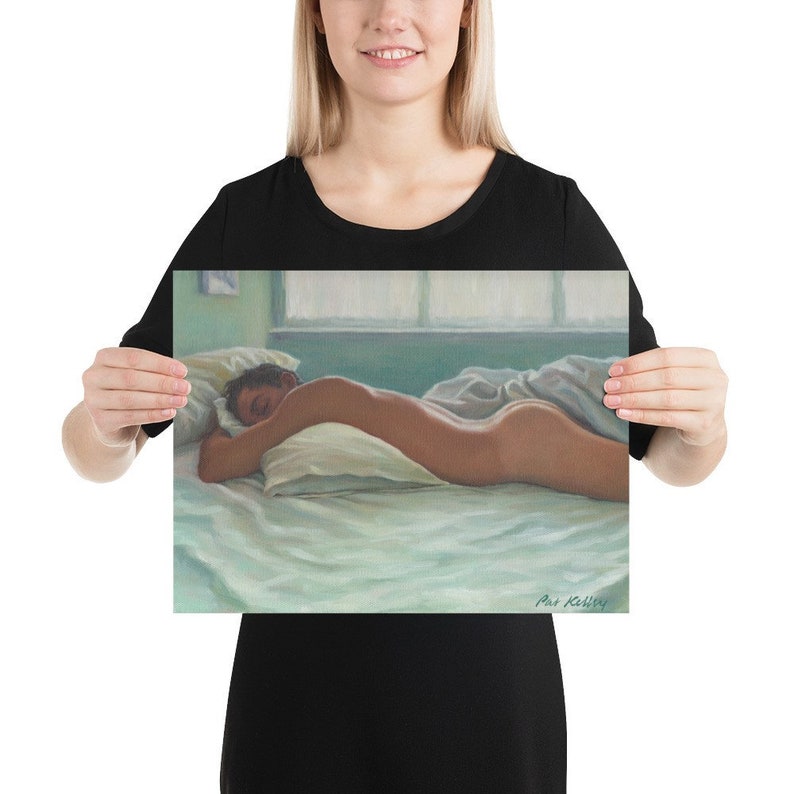 May include: A painting of a person sleeping in bed. The person is lying on their side with their head resting on a white pillow. The bed is covered in white sheets and a blue blanket. The painting is done in a realistic style and the colors are muted.