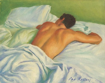 Homme au lit, impression d'archives de la peinture à l'huile originale de Pat Kelley. Nu endormi endormi, Art figuratif masculin, Réalisme contemporain