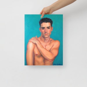 Young Man with Dark Eyes, Art Print from Original Oil painting by Pat Kelley. Male Nude Figurative Portrait, Handsome Man, 16x12 image 8