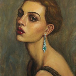 May include: Oil painting of a woman with red lipstick and a long, ornate earring with a green stone. The woman is looking over her shoulder. The artist's signature, Pat Kelley, is in the lower left corner.