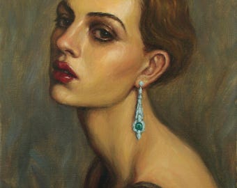 Girl with an Emerald Earring Art Print from Original Oil Painting by Pat Kelley: 1920s Flapper, Art Deco Style Giclée