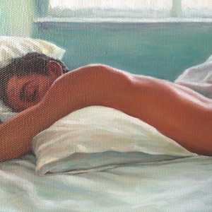 May include: A painting of a person sleeping in bed. The person is lying on their side with their arm under their head. The bed is white and the sheets are pulled up to their chest. The person's skin is a light brown color and their hair is dark brown.