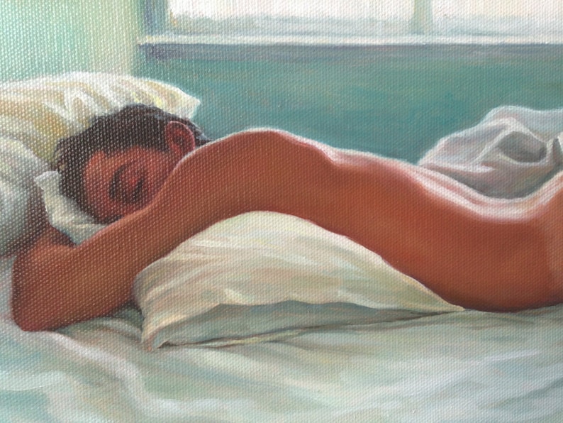 May include: A painting of a person sleeping in bed. The person is lying on their side with their arm under their head. The bed is white and the sheets are pulled up to their chest. The person's skin is a light brown color and their hair is dark brown.