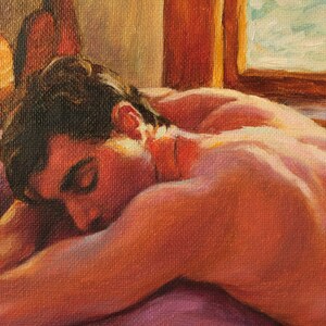 Male Nude in Bed. Archival Art Print from Original Oil by Pat Kelley. Man Sleeping, Male Body, Colorful Male Painting, Impressionist, Giclée image 4