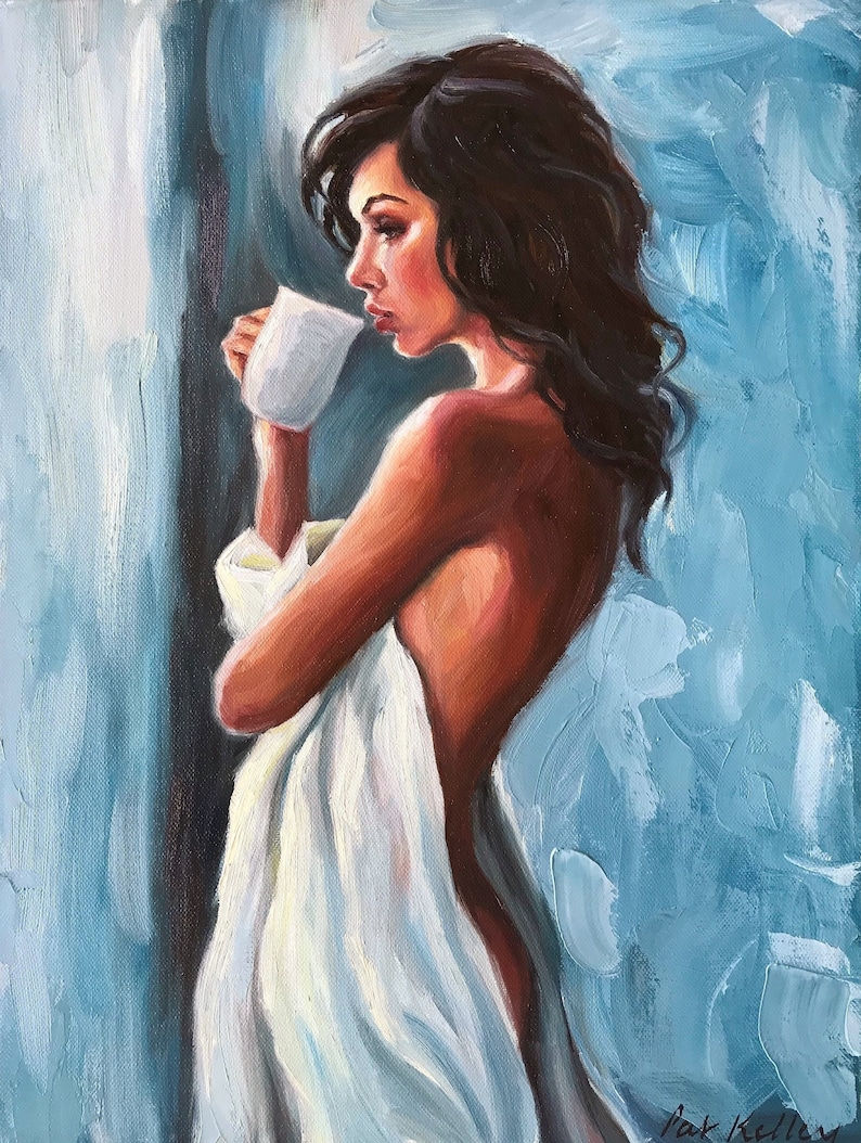 Female Figure, Extra Large Art Print from Original Oil Painting by Pat Kelley, Nude, 24x18, Beautiful Woman with Coffee, Expressionist image 1