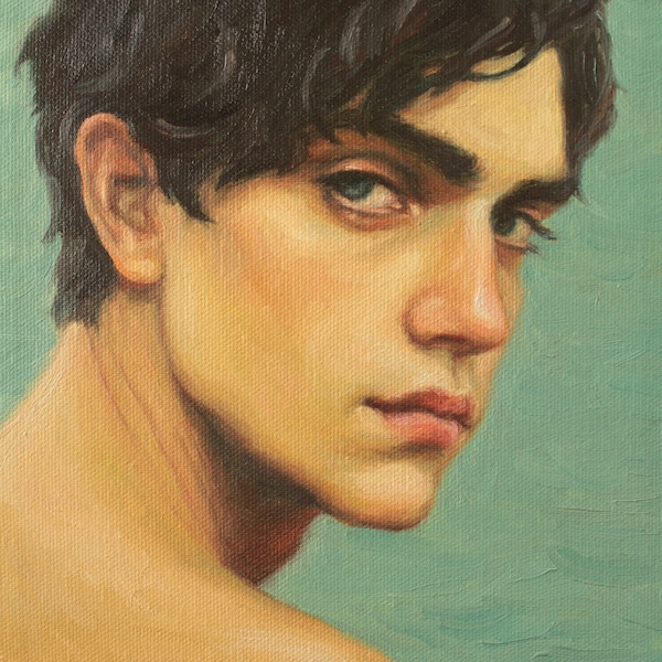 Male Portrait. Archival Art Print from Original Oil Painting by Pat Kelley. Over the Shoulder Glance, Contemporary Realism 10x8