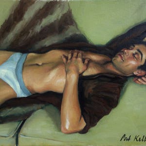 Male Figure Study. Man Sleeping on Sofa. Original Oil Painting by Pat Kelley. Male Portrait, Handsome Man, Contemporary Realism. Fine Art image 5