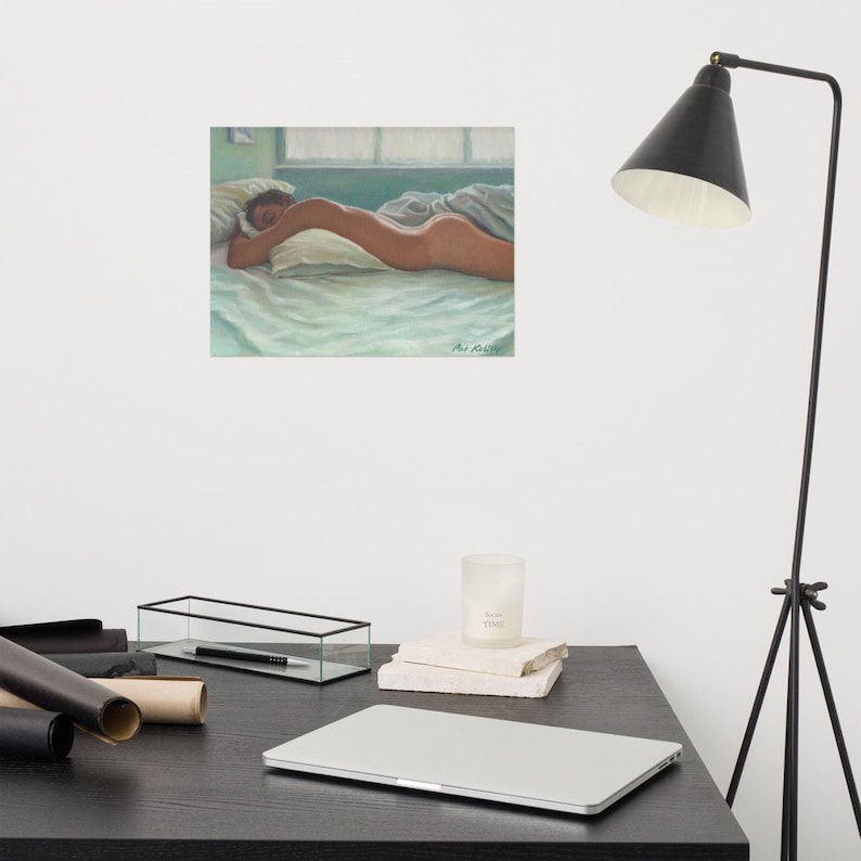 May include: A painting of a person sleeping in bed. The person is lying on their side with their head resting on a pillow. The bed is covered with a white sheet and a blue blanket. The painting is done in a realistic style.