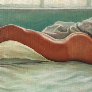 May include: A painting of a person sleeping in bed. The person is lying on their side with their back to the viewer. The bed is covered in white sheets and a white blanket. The person's skin is a warm, peachy color. The painting is done in a realistic style.