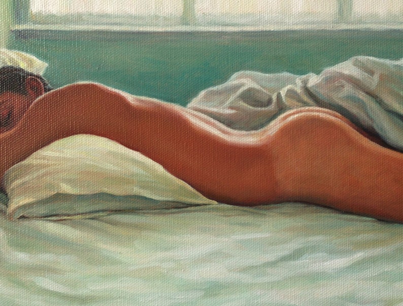 May include: A painting of a person sleeping in bed. The person is lying on their side with their back to the viewer. The bed is covered in white sheets and a white blanket. The person's skin is a warm, peachy color. The painting is done in a realistic style.