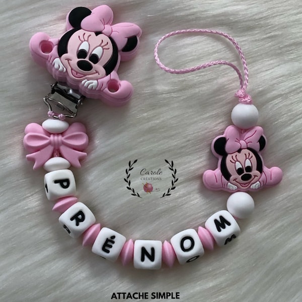 Attache tétine personnalisé entièrement en silicone (lettre prénom clip et motif perle ronde et lentille) souris + noeud papillon rose blanc