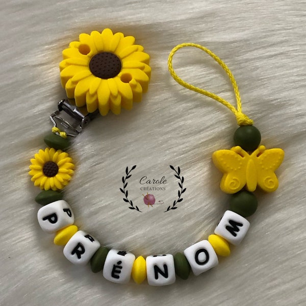 Attache tétine personnalisé en silicone (lettre prénom, clip et motif, perle ronde lentille) Tournesol + papillon, jaune et kaki foncé