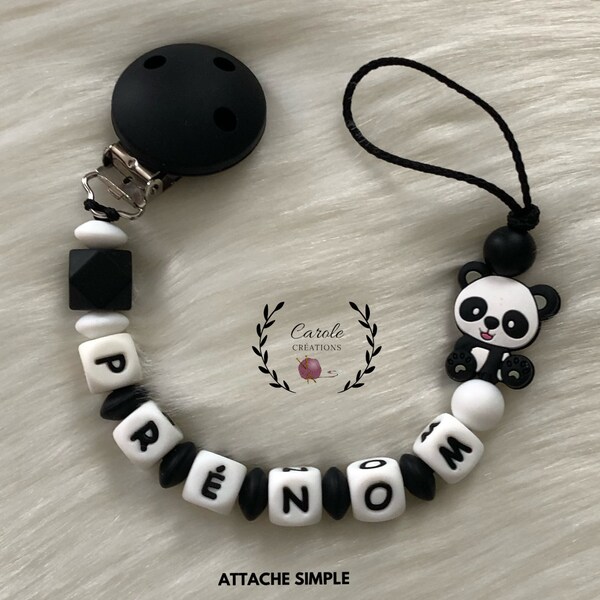 Attache tétine personnalisé en silicone (lettre prénom, clip et motif, perle ronde et lentille), modèle panda, noir et blanc