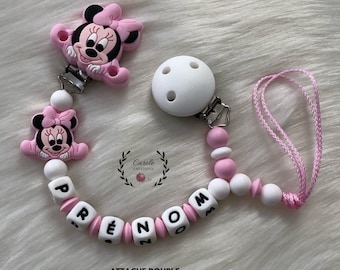 Attache tétine et doudou personnalisé en silicone (lettre prénom, clip motif, perle ronde lentille) souris fille rose pastel blanc