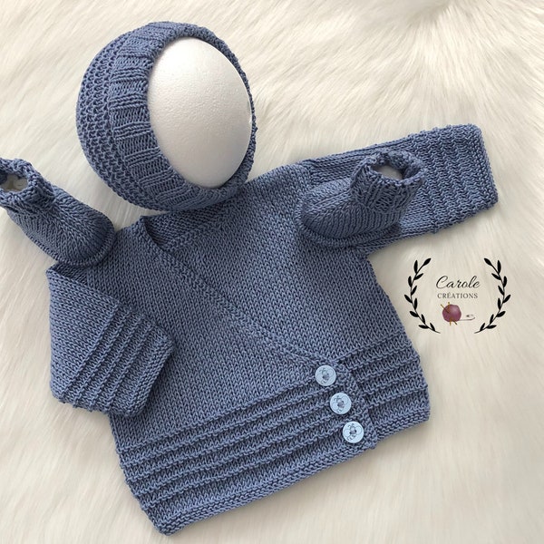 Ensemble bébé taille 0/3 mois, brassière ou gilet + bonnet + chaussons, laine layette 100% coton spécialement conçue pour bébé, bleu jean