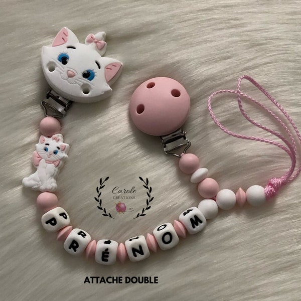 Attache tétine et doudou (attache double) personnalisé entièrement en silicone (lettre clip motif perle ronde lentille) chat blanc rose