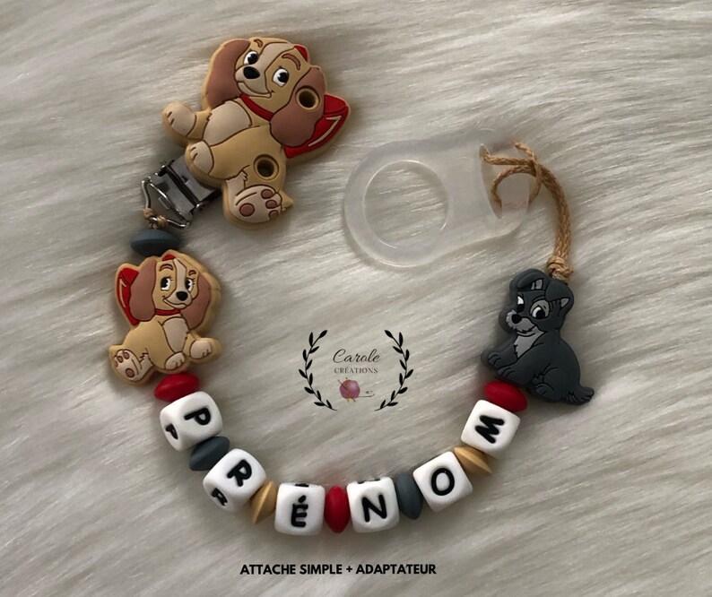 Attache tétine personnalisé en silicone lettre prénom, clip et motif, perle ronde et lentille modèle CHIEN, beige rouge et gris image 2