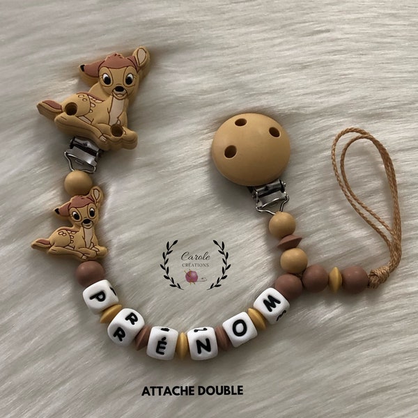 Attache tétine et doudou personnalisé (attache double) en silicone (lettre prénom, clip motif, perle ronde lentille) Faon, beige et noisette