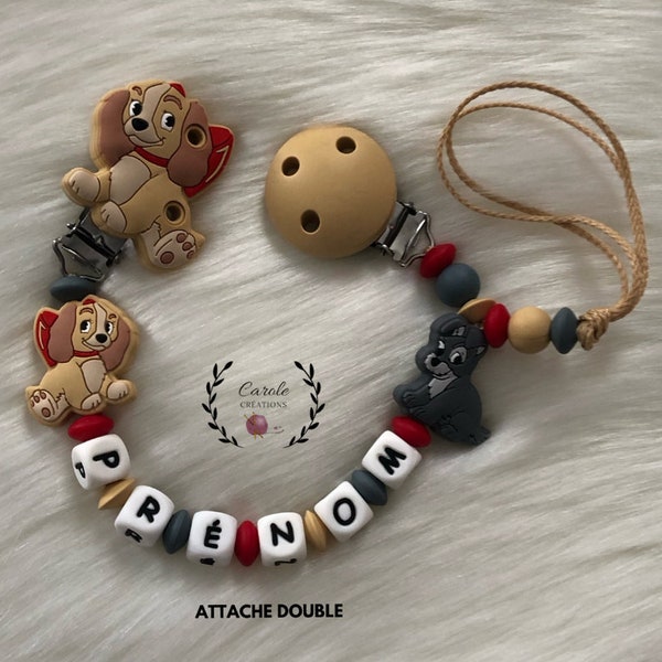 Attache tétine et doudou personnalisé (attache double) en silicone (lettre prénom, clip motif, perle ronde lentille) CHIEN beige rouge gris