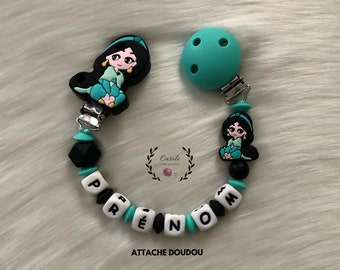 Attache doudou entièrement en silicone (lettre prénom, clip et motif, perle ronde et lentille) modèle Jasmine, vert turquoise et noir