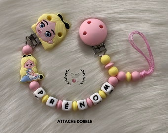 Attache tétine et doudou entièrement en silicone (lettre prénom, clip et motif, perle ronde et lentille) princesse, jaune et rose pastel