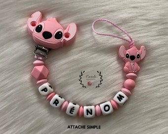 Attache tétine entièrement en silicone (lettre prénom, clip et motif, perle ronde et lentille), modèle STICH fille rose