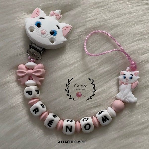 Attache tétine personnalisé en silicone (lettre prénom, clip et motif, perle ronde et lentille)  Fille chat + noeud, blanc et rose pastel