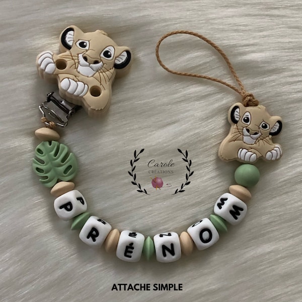 Attache tétine personnalisé en silicone (lettre prénom, clip et motif, perle ronde et lentille), modèle Lion + feuille Savane, beige kaki