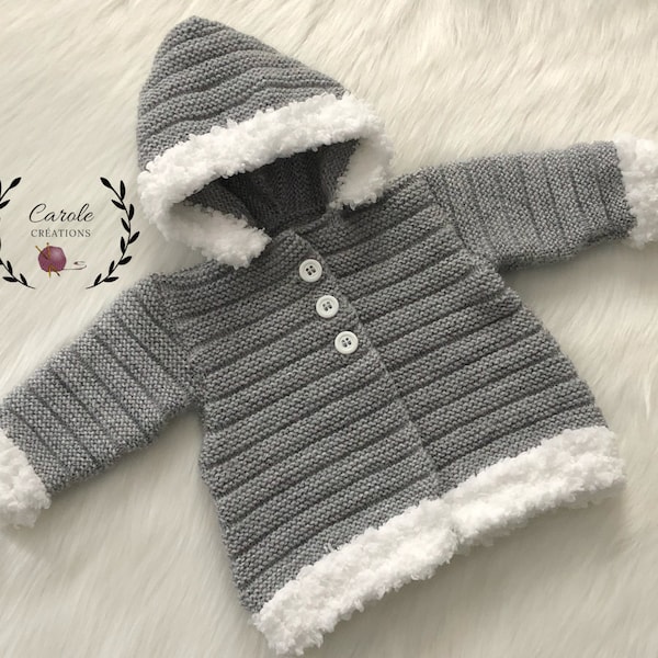 Manteau ou Gilet avec capuche pour Bébé taille naissance prémature jusqu'à 2 mois environ, laine spécialement conçue pour bébé, gris blanc