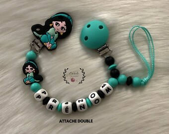 Attache tétine et doudou entièrement en silicone (lettre prénom, clip et motif, perle ronde et lentille), Jasmine, vert turquoise noir