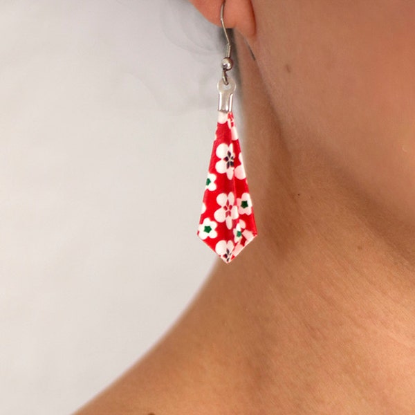 Origami jewelry. Origami earrings Fleche red background with white flowers. Handmade, hypoallergenic hook. Make your custom order