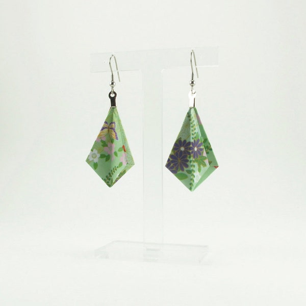 Origami jewelry. Rombo origami earrings. Light green background, flowers & butterflies. Nickel and lead free hooks. Handmade