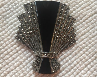 Large Vintage Deco Fan-Shaped Brooch/Pin—Sterling Silver, Black Onyx & Marcasites—Vintage 925 Jewelry—Deco Inspired Statement Brooch