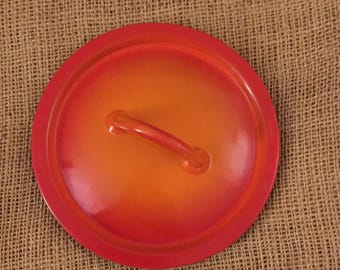 Vintage DESCOWARE   Flame Red/Orange Enameled Cast Iron Pot LID Only/Made In Belgium/Marked FE(Iron) #14/Vintage Cookware