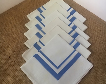 Vintage Set Of Six. (6) White Muslin Cloth Napkins With Double Blue Lines Around Border—Restaurant-Style Napkins—Vintage Linens
