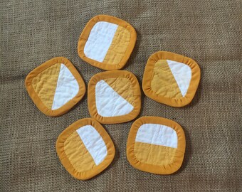 Vintage Set Of Six(6) Hand Made Coasters Made From Antique Quilt…Six Quilted Coasters-Gold And White