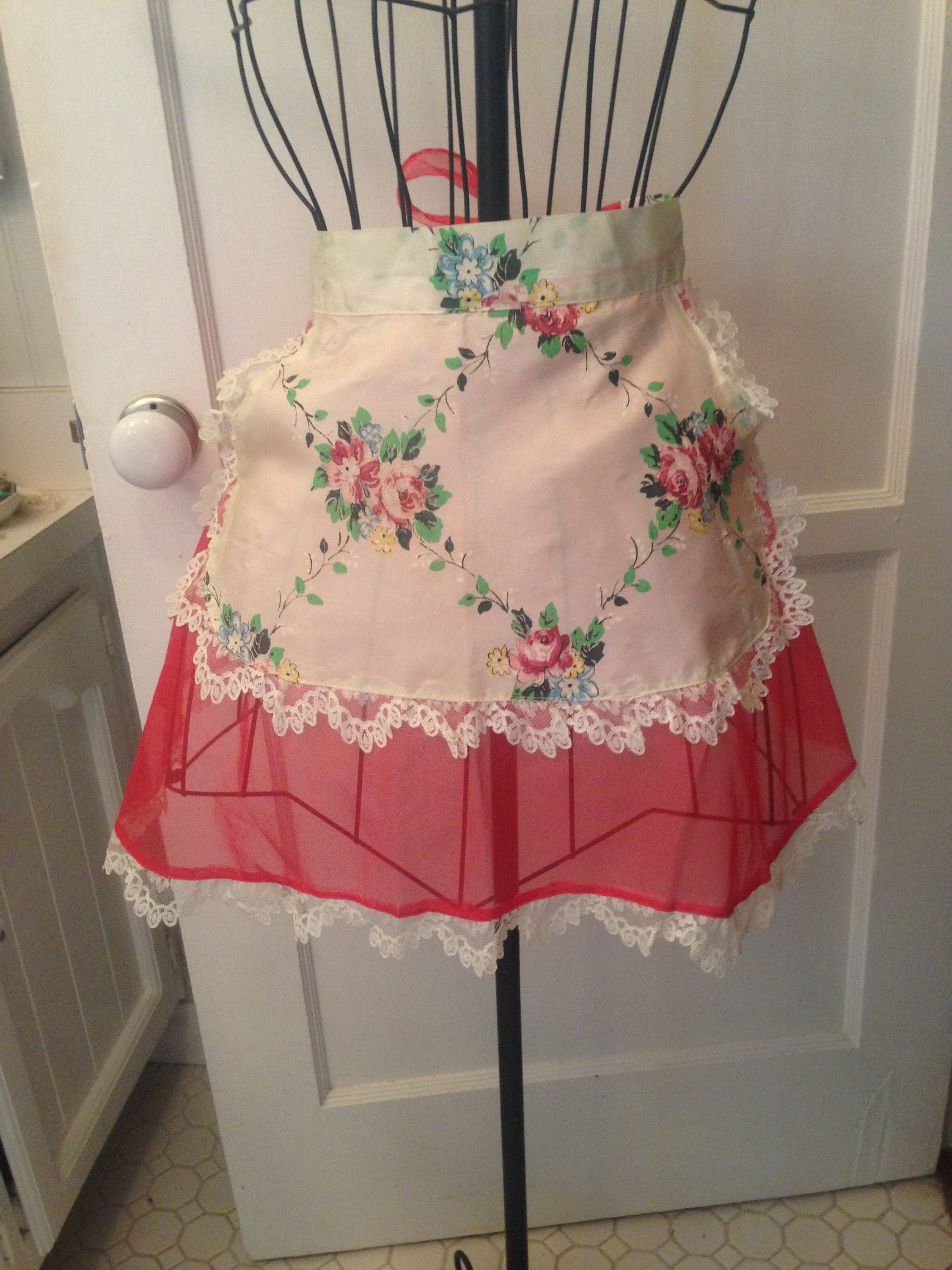 Vintage Fancy party Half Apron handmade and Tiered With Lace Trim