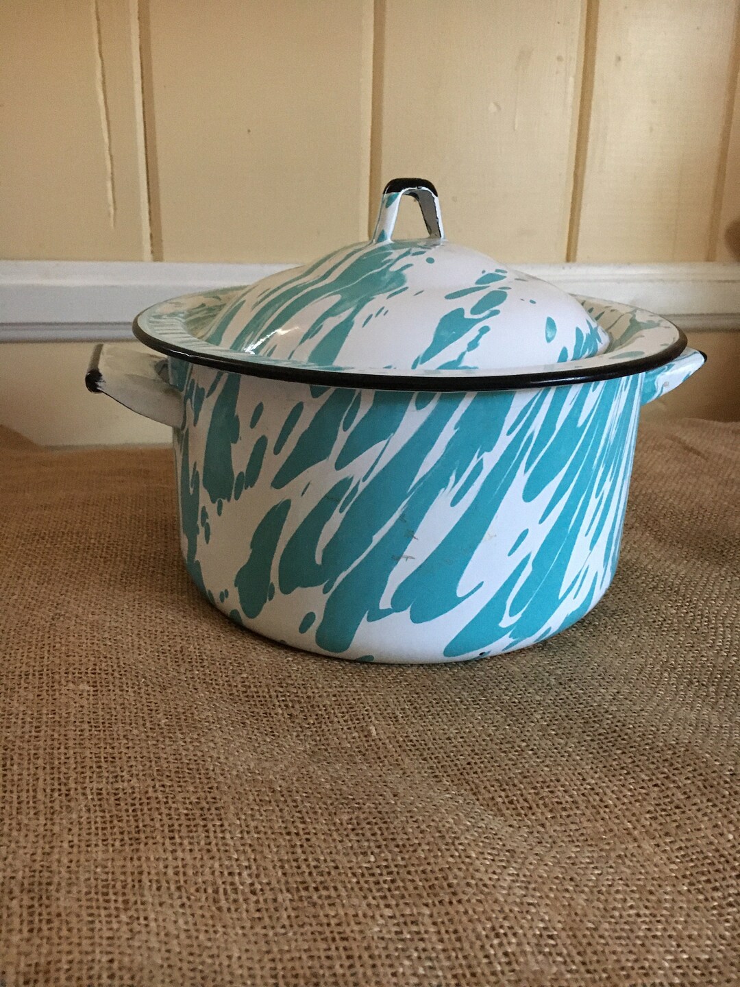 Splatterware Pot Vintage/antique Blue & White Enamelware Pot With Domed Lid and Lug ...