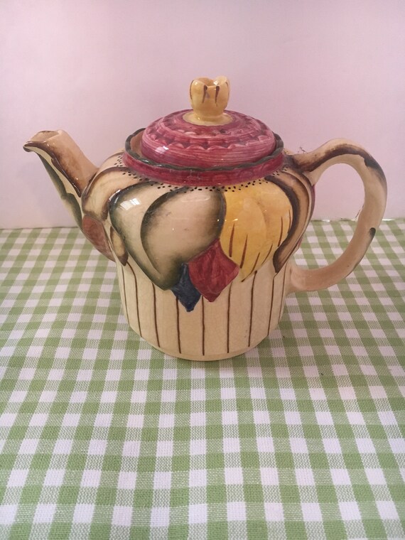 Vintage Hj Wood England Burslem Majolica Like 16 Oz Teapot Hand Painted Signed Ceramic Tea For Two English